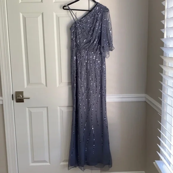 adrianna papell silver one shoulder dress Adrianna Papell Womens Sequined One Shoulder Formal Dress Blue 4